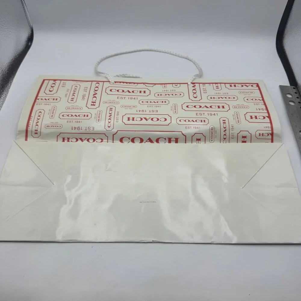 Coach Logo Print Paper Shopping Bag White Red Design Durable Handles Vintage